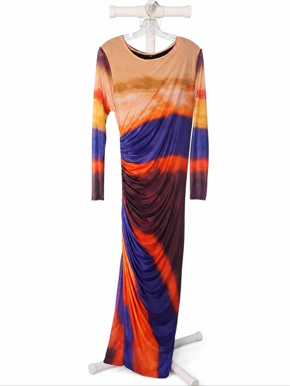 SHEIN Orange Purple Multi-Color Ruched Long Sleeve Maxi Dress